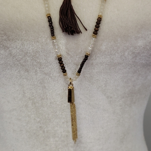 MULTI-MEDIA Tassle Necklace Gold & Brown Bead EUC - Picture 3 of 9
